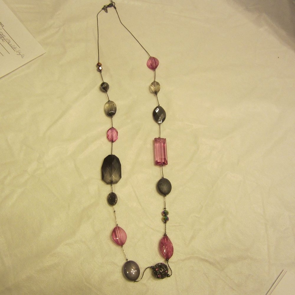 VTG 90'S SIGNED NY, LONG MULTI BEADED NECKLACE, GRAYS & PURPLE
